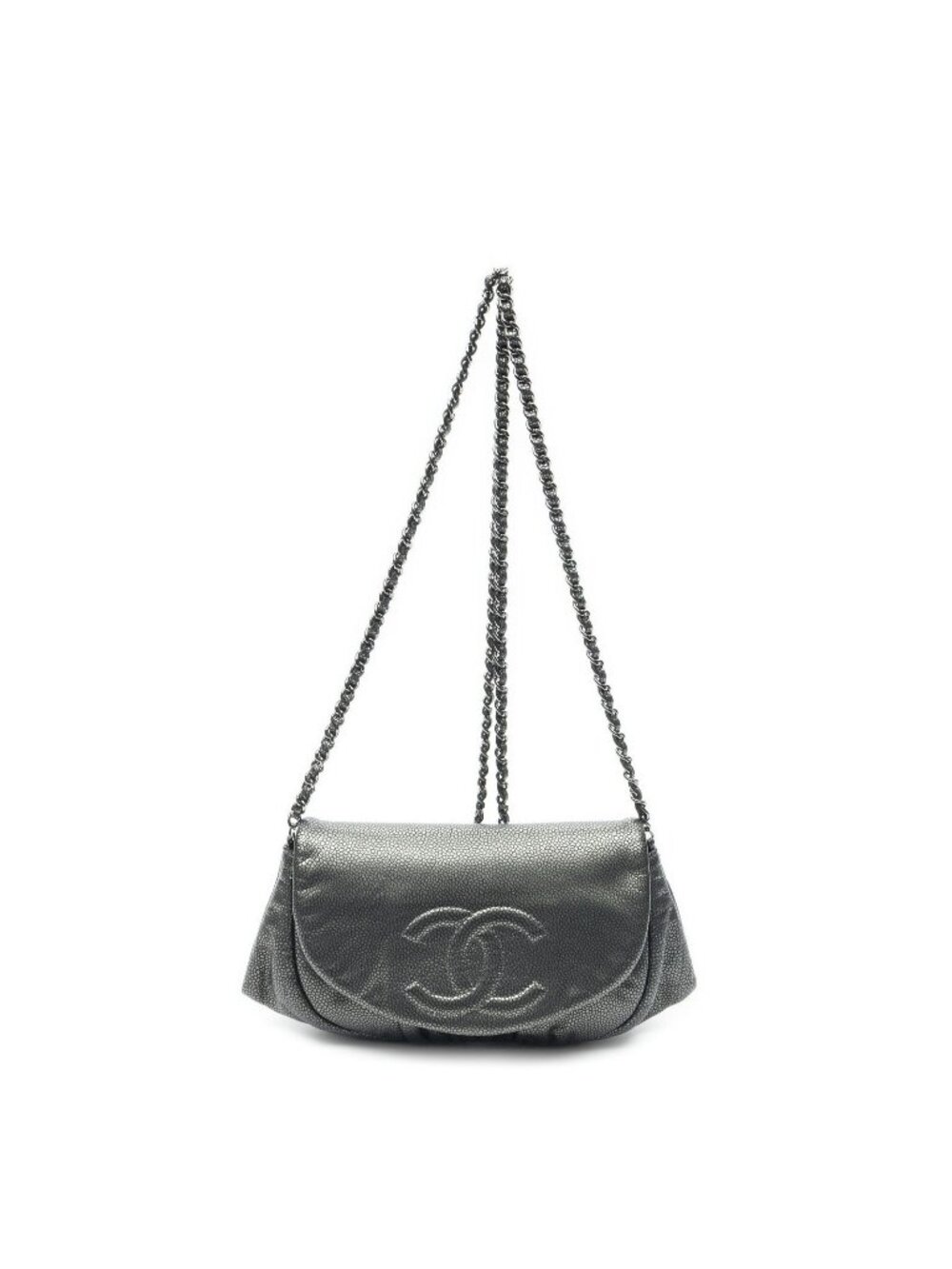 Chanel with Chain Half Moon Shape Wallet Gray Soft Caviar Leather